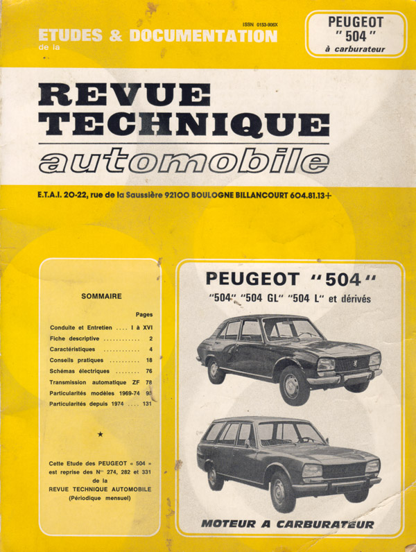 Revue Technique Automobile ETAI Peugeot 504